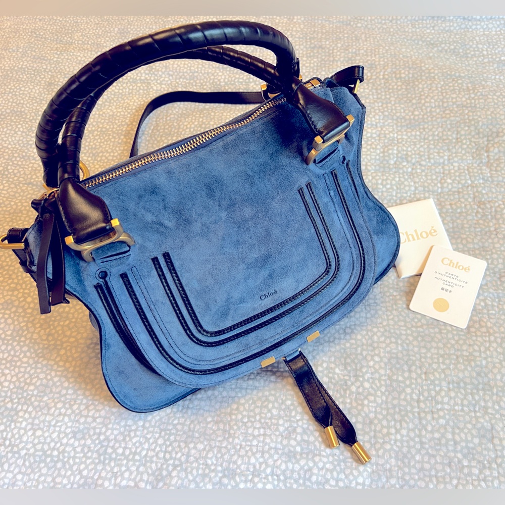 Authentic Chloè Blue Suede Marcie Medium Double Carry Satchel Crossbody Bag